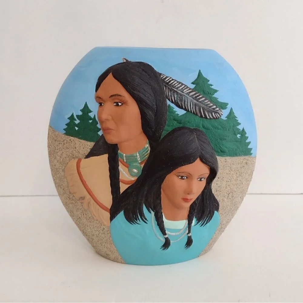 Vintage 1994 Ceramic Hand Painted Native American 3D Indian Couple Vase